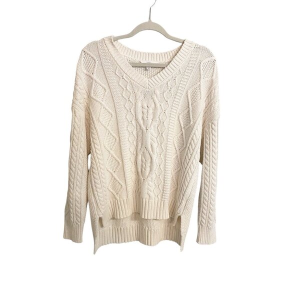 Time and Tru Ivory Cable Knit Sweater Women’s Large V Neck Cozy Core Pullover - Picture 1 of 7